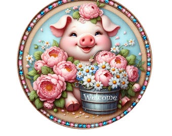 Cute pig with pink peonies, white and blue daisies welcome wreath sign, metal wreath sign, round wreath sign, Lindys sign creations