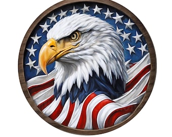 Eagle head and american flag wreath sign, metal wreath sign, round wreath sign, door decor, Lindys sign creations