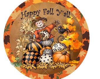 Happy fall y'all wreath sign, metal wreath sign, signs for wreaths scarecrow wreath sign, fall home decor signs