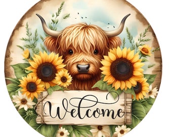 Highland cow with sunflowers welcome wreath sign, metal wreath sign, round wreath sign, door decor, Lindys sign creations