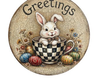 Letrero de corona de metal con diseño de conejito de Pascua en forma de taza de té, decoración de puerta, letrero rústico de Pascua, creaciones de letreros de Lindys