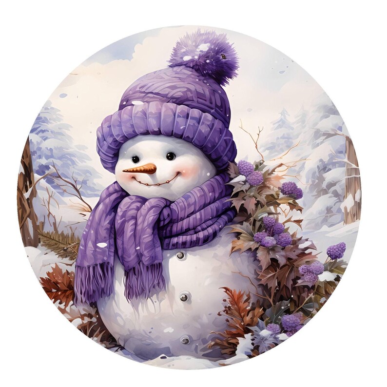Purple winter snowman wreath sign, metal wreath sign, round wreath sign, door decor, Lindys sign creations image 4