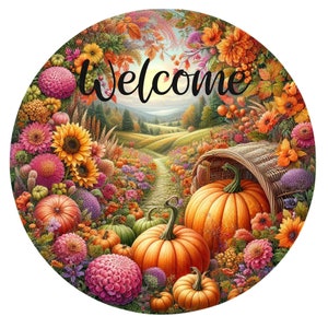 Letrero de corona de calabaza de bienvenida de otoño, letrero de corona de metal, letrero de corona redonda, decoración de puerta, creaciones de letreros de Lindys