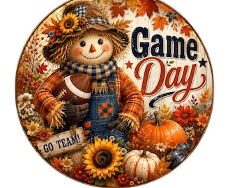 Scarecrow game day football wreath sign, wreath attachment, aluminum wreath sign, round wreath sign, door decor
