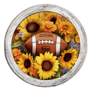 Letrero de corona de fútbol y girasol de otoño, letrero de corona de metal, letrero de corona redonda, decoración de puerta, creaciones de letreros de Lindys
