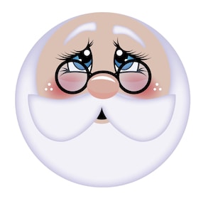 May include: A cartoon illustration of Santa Claus's face with a white beard, rosy cheeks, and blue eyes. He is wearing round glasses.