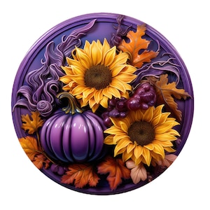 Purple pumpkin and sunflowers wreath sign, round wreath sign, metal wreath sign, door decor, Lindys sign creations
