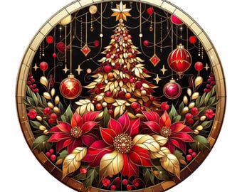Gold and red Christmas tree with poinsettias wreath sign, metal wreath sign, round wreath sign, door decor, Lindys sign creations