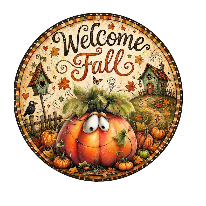 以下が含まれることがあります： 「Welcome Fall」の文字が入った、秋をテーマにした丸い看板。笑顔のカボチャ、小さな家、カボチャ、秋の葉が描かれています。鳥小屋と黒い鳥も表示されています。