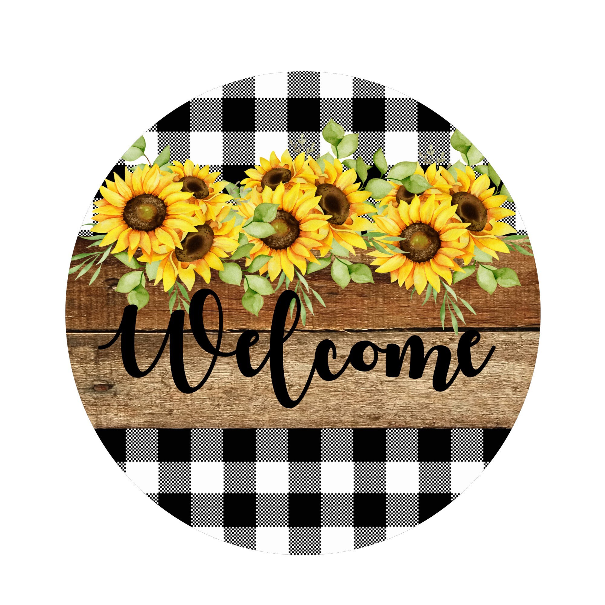 Round buffalo plaid sunflower welcome sign, wreath sign, wreath attac…