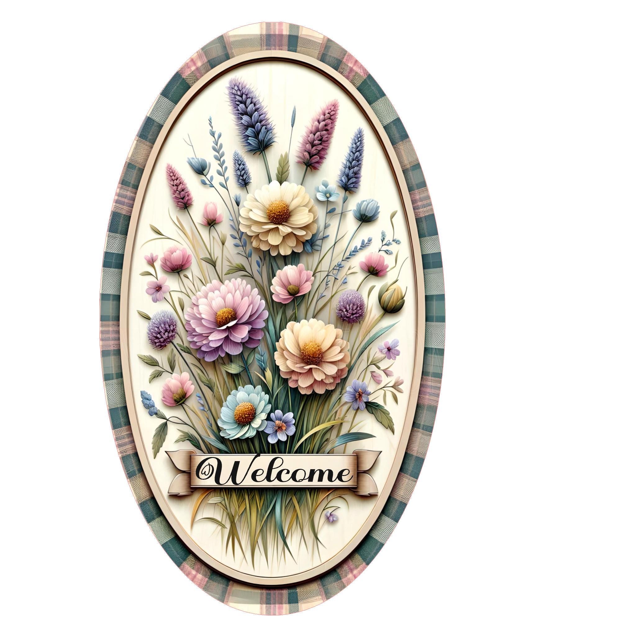 Octagonal Welcomesign Oval Welcome Sign With Flowers, Metal Wreath Sign, 12x7 Wreath Sign ...