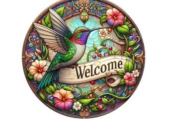 Welcome hummingbird wreath sign, metal wreath sign, round wreath sign, door decor, Lindys sign creations
