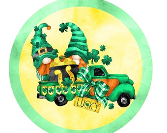 St. Patrick's Day wreath sign, gnome in truck sign, metal wreath sign, round wreath sign