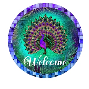 peacock wreath sign, signs for wreaths, metal wreath sign, round wreath sign, door decor, lindys sign creations