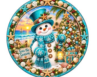 Beach snowman with Christmas tree wreath sign, aluminum wreath sign, wreath attachment, round wreath sign, door decor, Christmas wreath sign