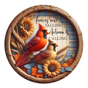 Señal de corona de metal con hojas caídas de un par de cardenales que llaman al otoño, señal de corona redonda, decoración de puertas, creaciones de señales de Lindys