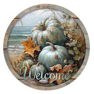 Letrero de corona de bienvenida con calabazas azules, letrero de corona de metal, letrero de corona de otoño, decoración de puerta, letrero de corona redonda, creaciones de letreros de Lindys