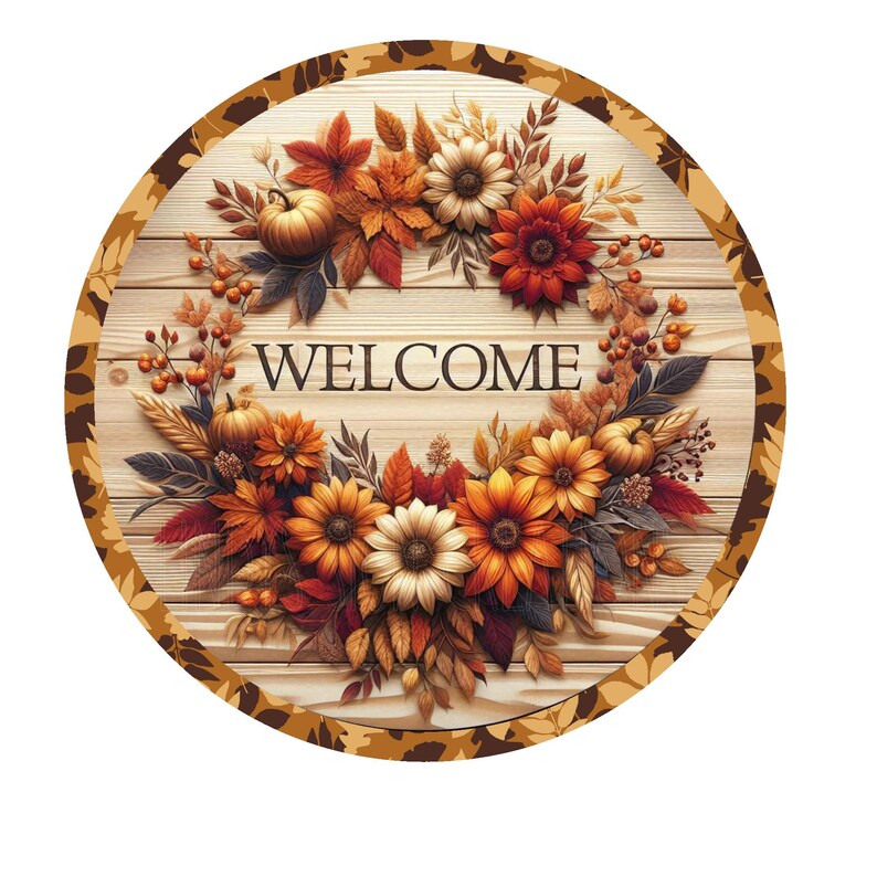 K&ouml;nnte beinhalten: Runder Willkommensgru&szlig; aus Holz mit Herbstthema. Das Schild zeigt einen Kranz aus Herbstblumen, K&uuml;rbissen und Bl&auml;ttern in Orange, Rot und Gelb. Das Wort "WELCOME" ist in der Mitte zu sehen.