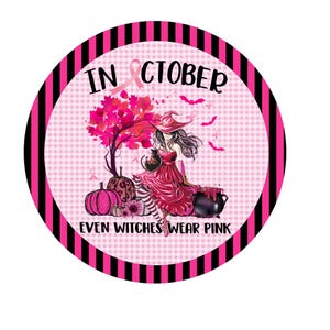 Pink witch sign, cancer awareness sign, October breast cancer metal sign, wreath attachment, lindys sign creations immagine 1