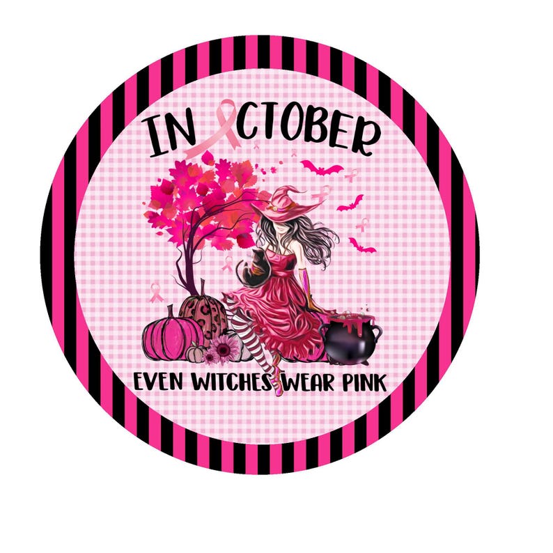 Pink witch sign, cancer awareness sign, October breast cancer metal sign, wreath attachment, lindys sign creations immagine 1
