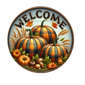 Letrero de corona de bienvenida de calabaza a cuadros de otoño, letrero de corona de metal, letrero de corona redonda, decoración de puerta, creaciones de letreros de Lindys