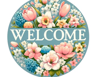 Floral welcome wreath sign, metal wreath sign, round wreath sign, door decor, Lindys sign creations