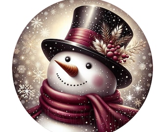 Snowman with top hat and burgundy scarf wreath sign, metal wreath sign, round wreath sign, winter sign, door decor, Lindys sign creations