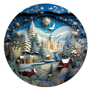May include: A papercraft winter scene with a white castle, snow-covered trees, and houses. The scene is illuminated by a large star and a crescent moon.