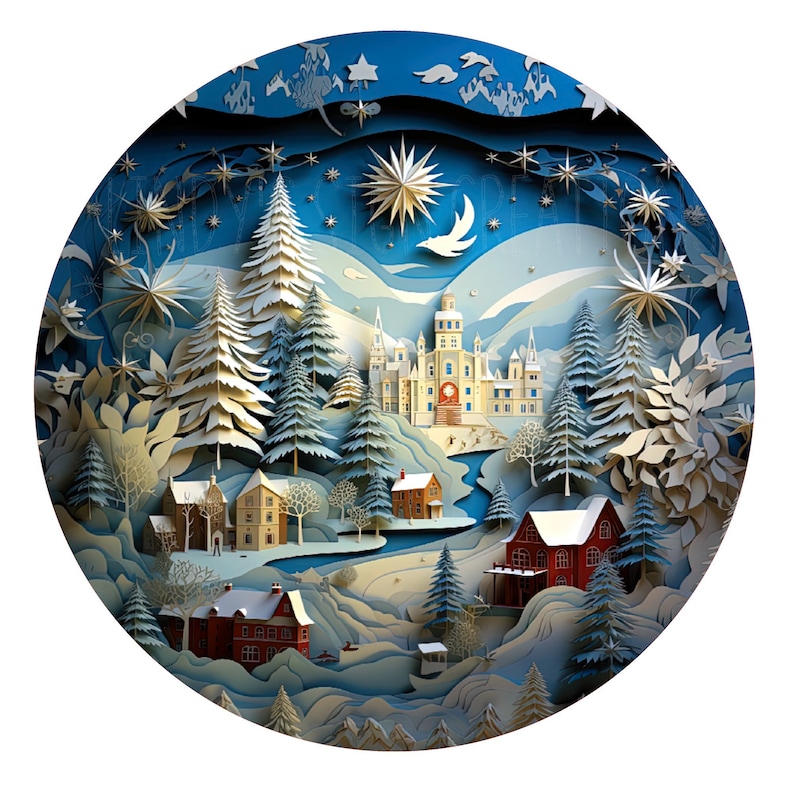 May include: A papercraft winter scene with a white castle, snow-covered trees, and houses. The scene is illuminated by a large star and a crescent moon.