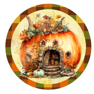 Letrero de corona de calabaza para casa de otoño, letrero de corona de metal, letrero de corona redonda, decoración de puerta, creaciones de letreros de Lindys