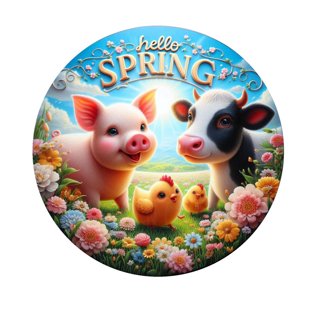 Hello Spring Cow, Pig, Chicks Wreath Sign, Metal Wreath Sign, Country ...