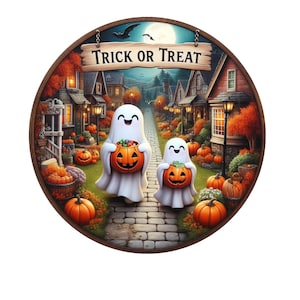 Lindo letrero de corona de truco o trato con fantasmas, letrero de corona de otoño, letrero de corona de Halloween, letrero de corona de metal, decoración de puerta, creaciones de letreros de Lindys
