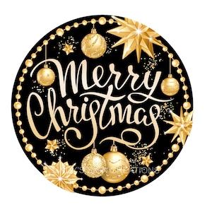 Merry Christmas black and gold ornament wreath sign, metal wreath sign, round wreath sign