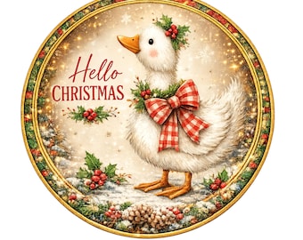 Hello Christmas goose with bow wreath sign, aluminum wreath sign, wreath attachment, round wreath sign, door decor