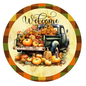 Letrero de corona de bienvenida de otoño con camión y calabazas, letrero de corona de metal, letrero de corona redonda, decoración de puerta, creaciones de letreros de Lindys
