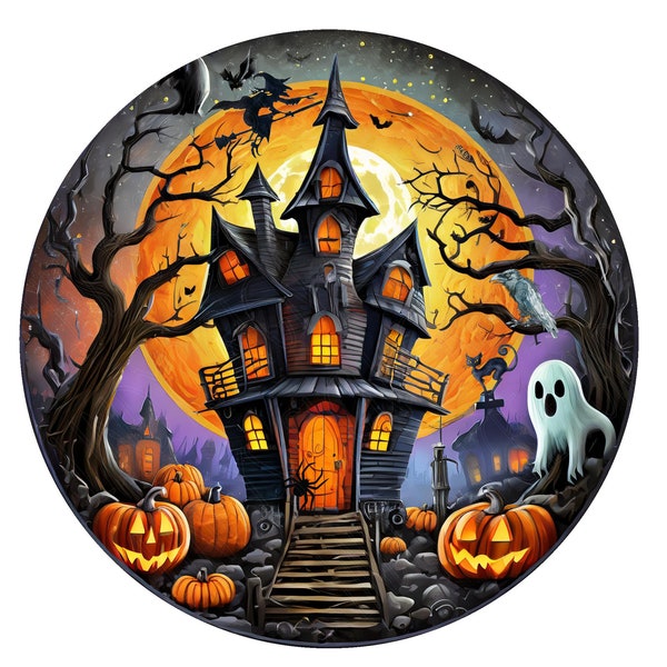 Haunted house spooky Halloween wreath sign, metal wreath sign, round wreath sign, front door sign, Lindys sign creations