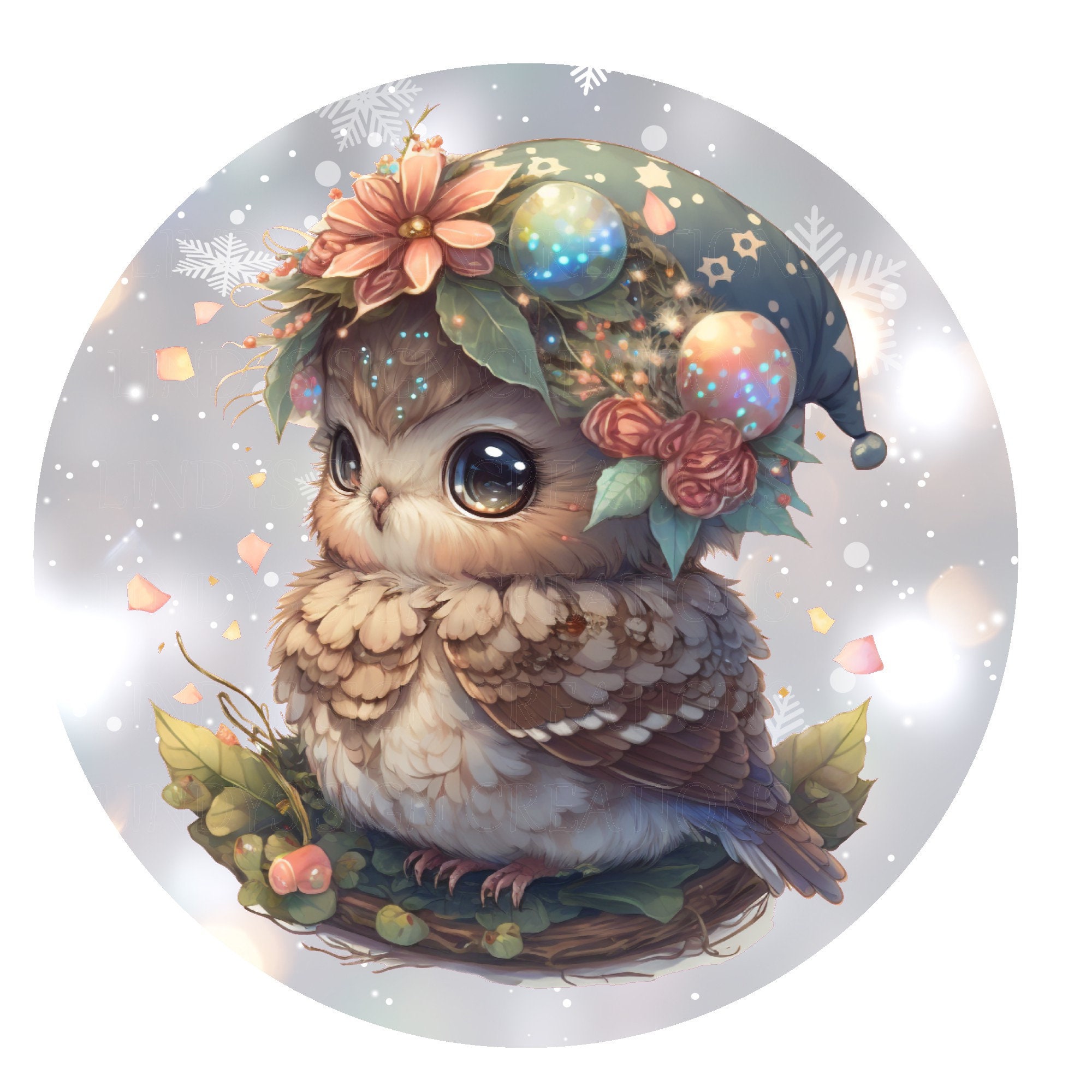 Cute Christmas owl wreath sign, metal wreath sign, round wreath sign, door decor, Lindys sign creati
