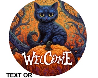Welcome Halloween wreath sign, kitty on pumpkin wreath sign, metal wreath sign, door decor, Lindys sign creations