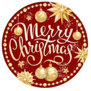 Red and gold Merry Christmas ornament wreath sign, metal wreath sign, round wreath sign, door hanging
