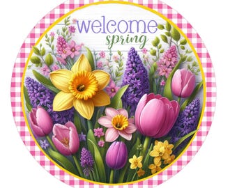 Welcome spring floral wreath sign, metal wreath sign, round wreath sign, door decor, Lindys sign creations