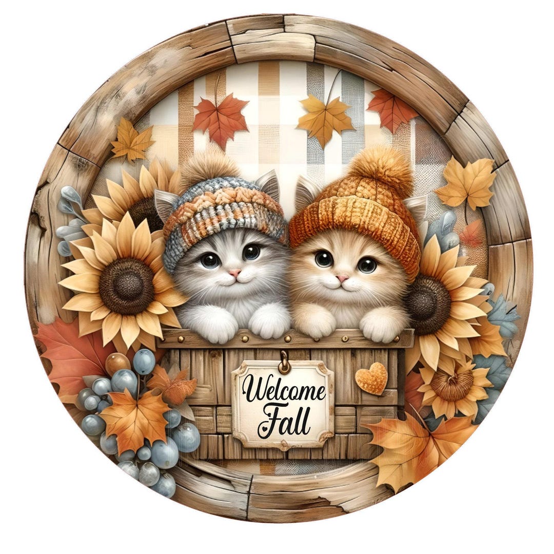 Cute Kitties Welcome Fall Wreath Sign, Metal Wreath Sign, Round Wreath ...