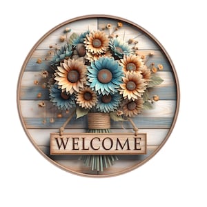 Letrero de bienvenida con corona floral azul y amarilla, letrero de corona de otoño, letrero de corona de metal, decoración de puerta, creaciones de letreros de Lindys