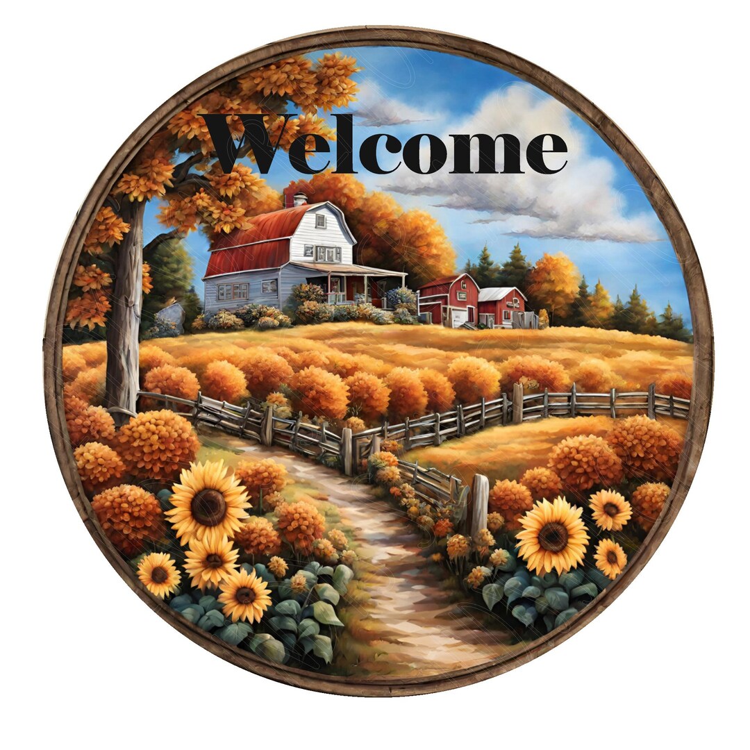 Fall Farmhouse Welcome Wreath Sign, Metal Wreath Sign, Sunflowers ...