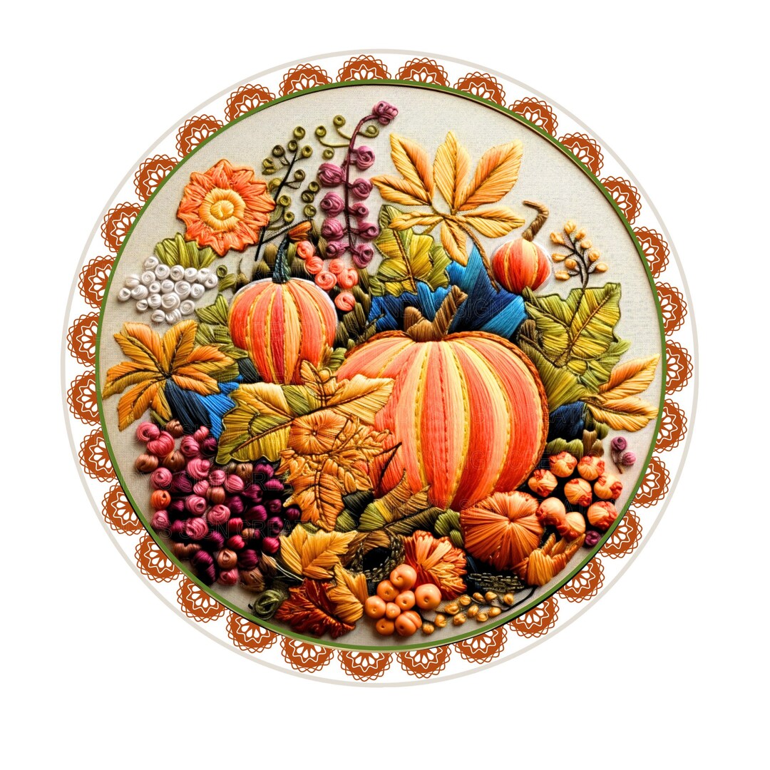 Faux Embroidery Fall Pumpkin Wreath Sign Metal Wreath Sign Round faux-embroidery-fall-pumpkin-wreath-sign-metal-wreath-sign-round