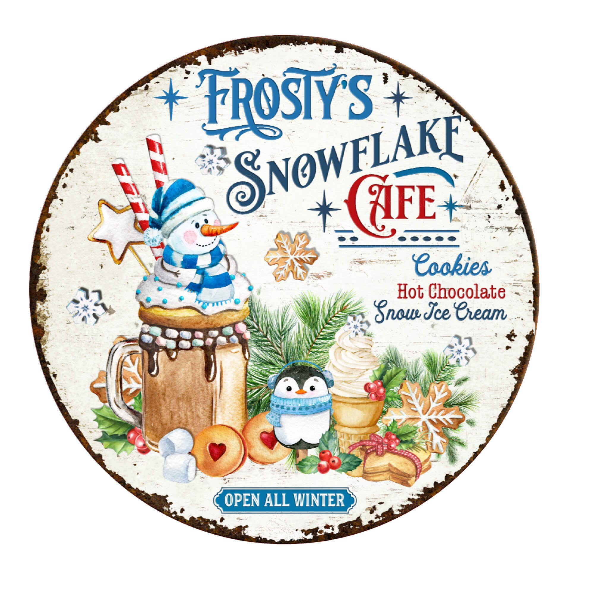 Frosty's Snowflake Cafe Wreath Sign, Metal Wreath Sign, Round Wreath ...