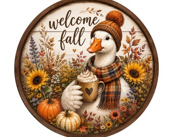 Welcome fall goose with pumpkins and wildflowers wreath sign, aluminum wreath sign, wreath attachment, round wreath sign, door decor