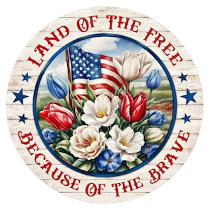 Land of the free patriotic wreath sign, metal wreath sign, signs for wreaths, round wreath sign, door decor, Lindys sign creations zdjęcie 1