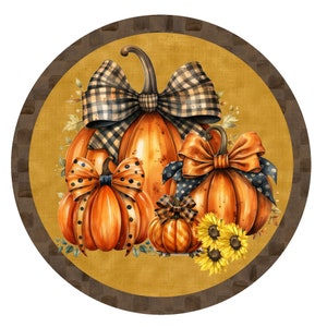 Letrero de corona de otoño con calabazas y lazos, letrero de corona de metal, letrero de corona redonda, creaciones de letreros de Lindys