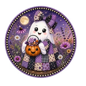 May include: A whimsical Halloween-themed illustration of a friendly ghost holding a jack-o'-lantern basket filled with candy. The ghost wears a patchwork dress and bow, surrounded by flowers and a full moon in a circular frame.