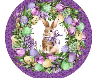 Easter wreath sign, metal wreath sign, cute rabbit wreath sign, round wreath sign